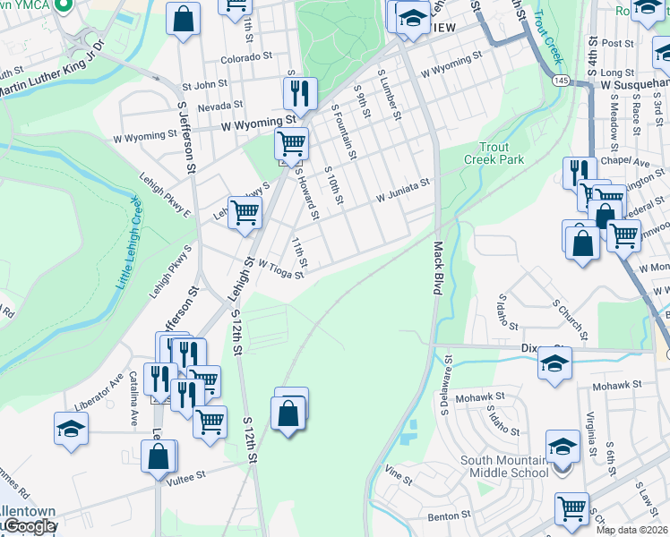 map of restaurants, bars, coffee shops, grocery stores, and more near 1028 West Tioga Street in Allentown