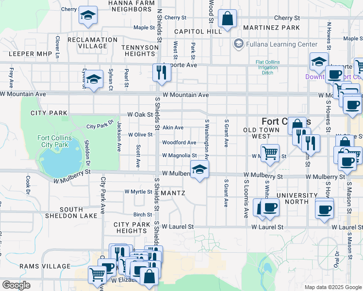 map of restaurants, bars, coffee shops, grocery stores, and more near 331 Gordon Street in Fort Collins