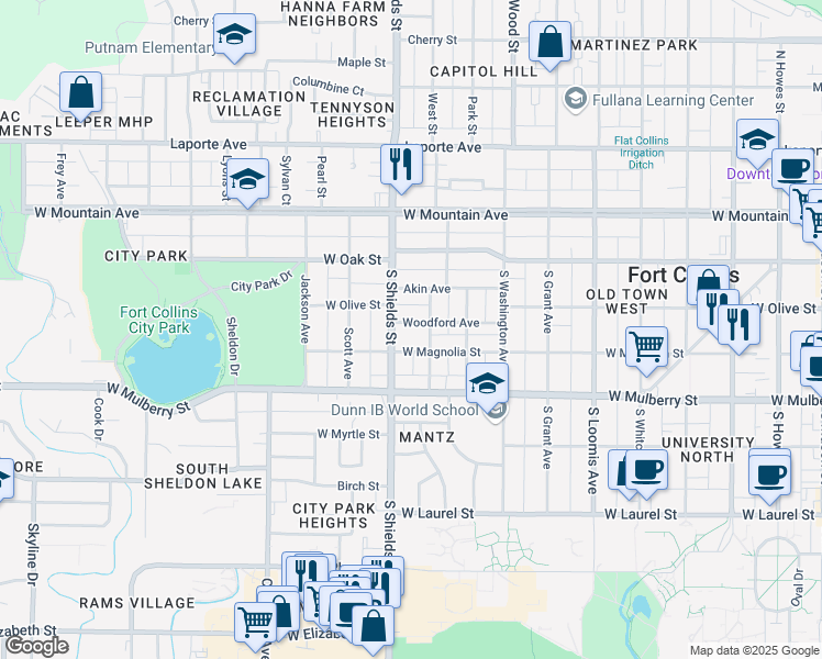 map of restaurants, bars, coffee shops, grocery stores, and more near 315 Wayne Street in Fort Collins