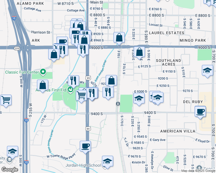 map of restaurants, bars, coffee shops, grocery stores, and more near 83 9230 South in Sandy