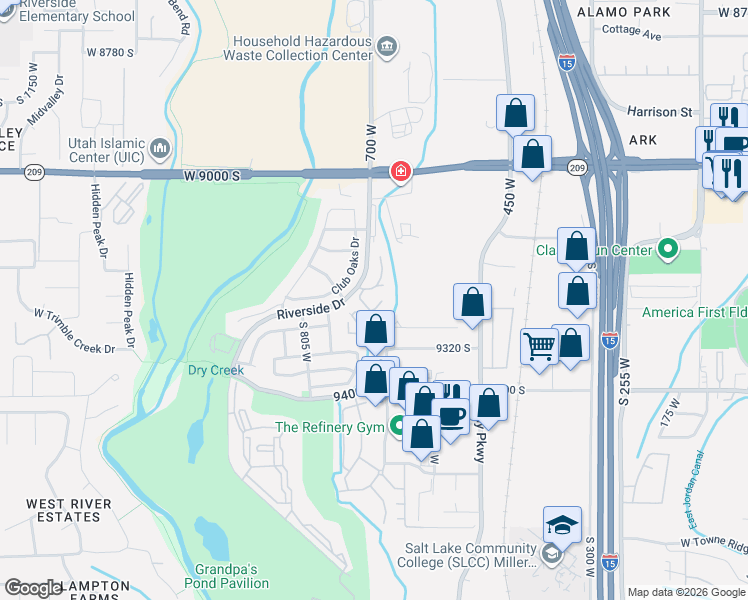map of restaurants, bars, coffee shops, grocery stores, and more near 664 Jefferson Cove in Sandy