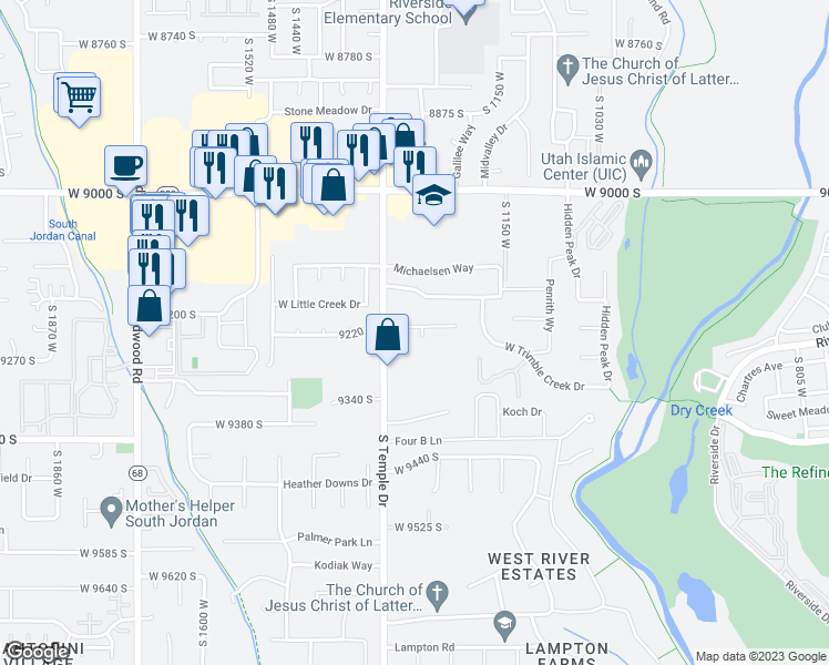 map of restaurants, bars, coffee shops, grocery stores, and more near 1276 9220 South in West Jordan