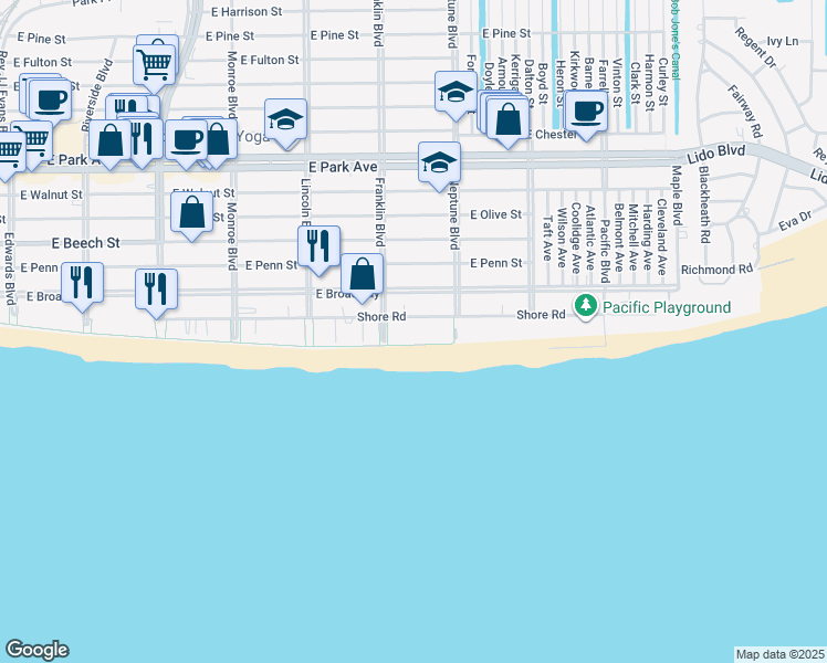 map of restaurants, bars, coffee shops, grocery stores, and more near 515 Shore Road in Long Beach