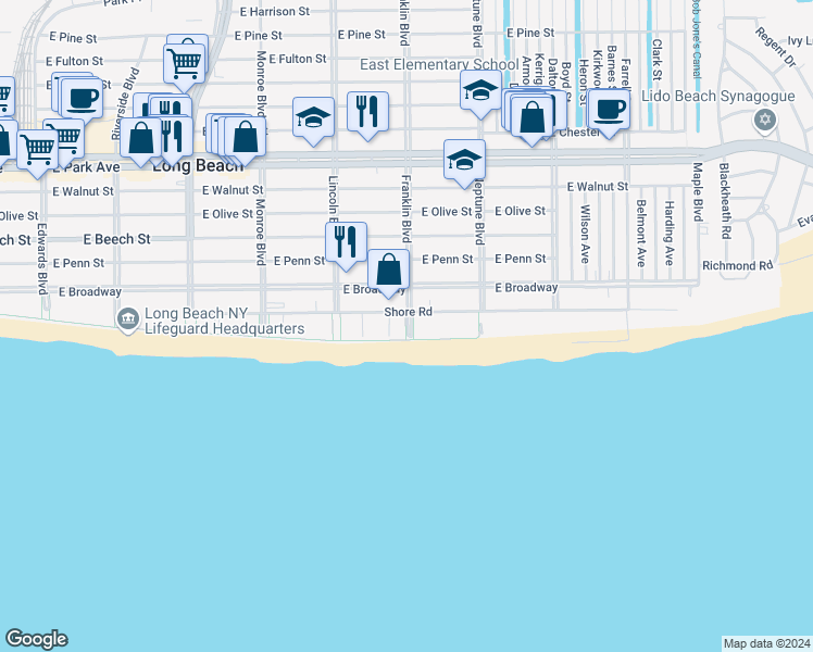 map of restaurants, bars, coffee shops, grocery stores, and more near 25 Franklin Boulevard in Long Beach