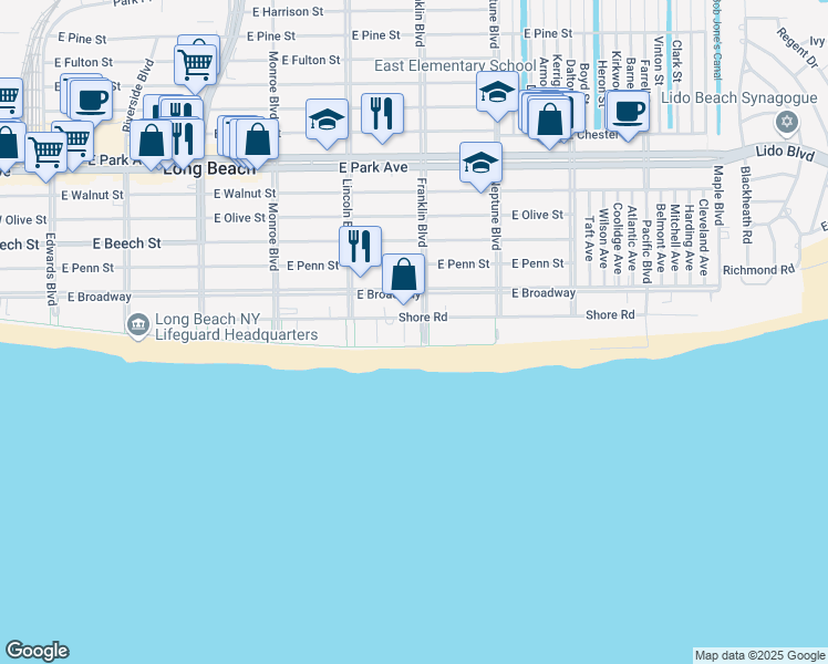 map of restaurants, bars, coffee shops, grocery stores, and more near 25 Franklin Boulevard in Long Beach