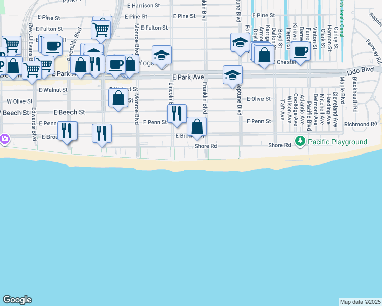 map of restaurants, bars, coffee shops, grocery stores, and more near 420s Shore Road in Long Beach