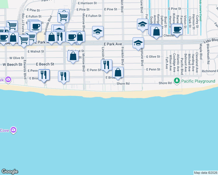 map of restaurants, bars, coffee shops, grocery stores, and more near 420s Shore Road in Long Beach