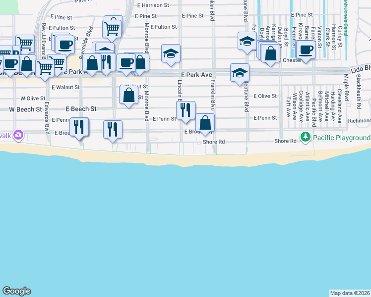 map of restaurants, bars, coffee shops, grocery stores, and more near 420s Shore Road in Long Beach