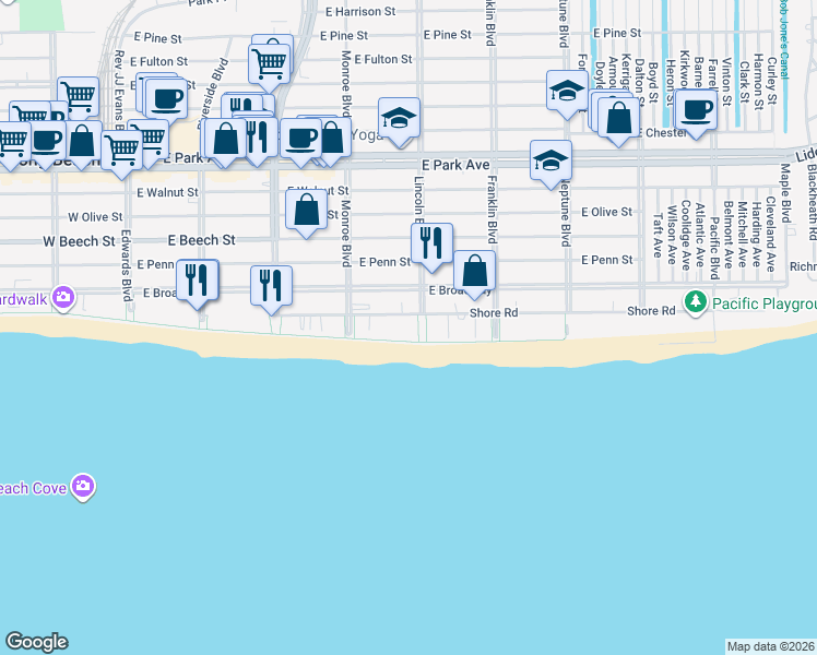 map of restaurants, bars, coffee shops, grocery stores, and more near 365 Shore Road in Long Beach
