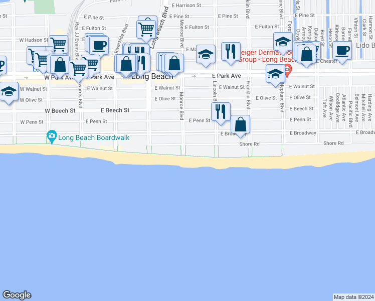map of restaurants, bars, coffee shops, grocery stores, and more near 325 Shore Road in Long Beach