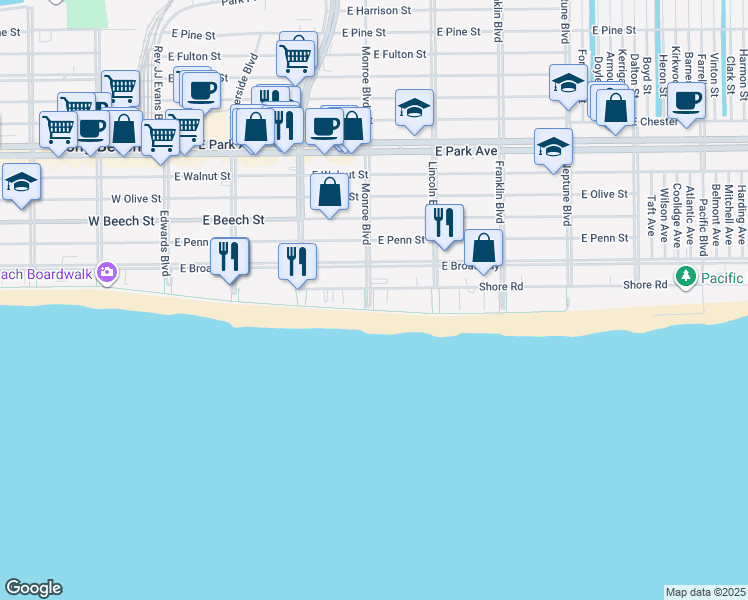 map of restaurants, bars, coffee shops, grocery stores, and more near 325 Shore Road in Long Beach