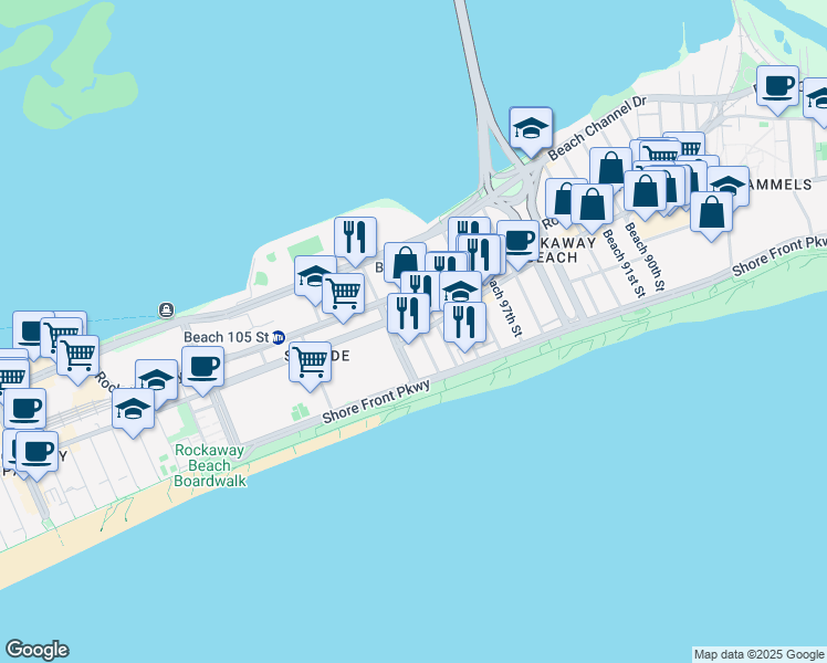 map of restaurants, bars, coffee shops, grocery stores, and more near 2-23 Beach 101st Street in Queens