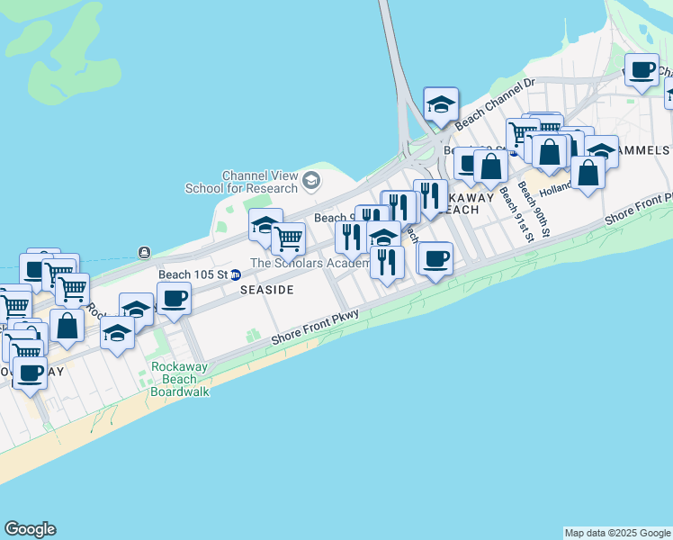 map of restaurants, bars, coffee shops, grocery stores, and more near 2-23 Beach 101st Street in Queens