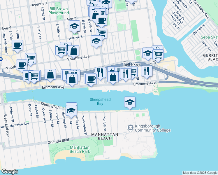 map of restaurants, bars, coffee shops, grocery stores, and more near 3027 Emmons Avenue in Brooklyn