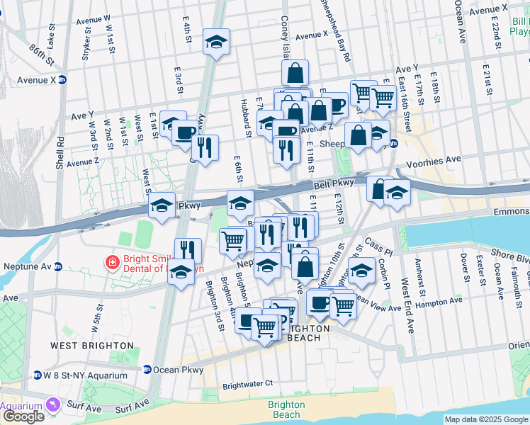 map of restaurants, bars, coffee shops, grocery stores, and more near 2731 Brighton 7th Street in Brooklyn