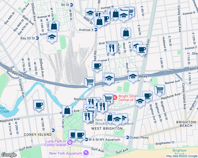 map of restaurants, bars, coffee shops, grocery stores, and more near 2815 Shell Road in Brooklyn