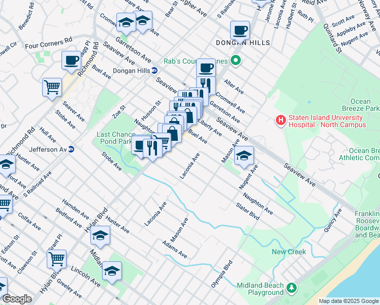 map of restaurants, bars, coffee shops, grocery stores, and more near 319 Dongan Hills Avenue in Staten Island