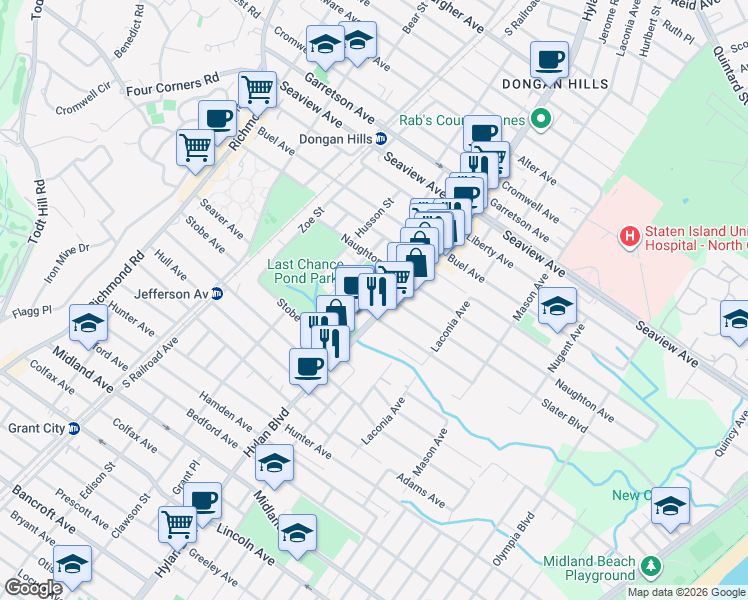 map of restaurants, bars, coffee shops, grocery stores, and more near 1870 Hylan Boulevard in Staten Island