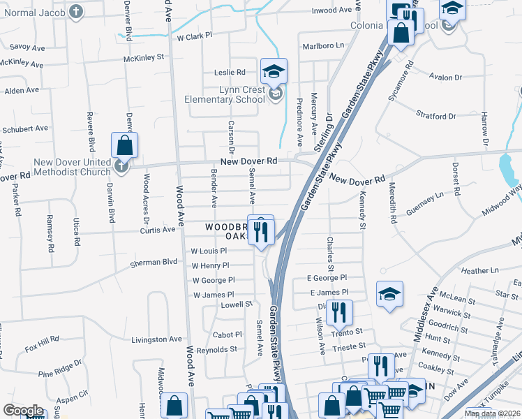 map of restaurants, bars, coffee shops, grocery stores, and more near 85 West Warren Street in Woodbridge Township