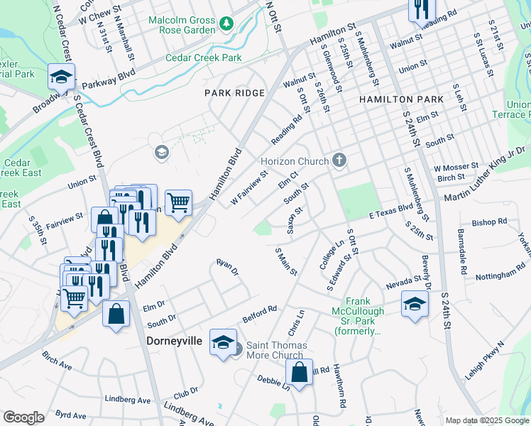 map of restaurants, bars, coffee shops, grocery stores, and more near 2825 South Street in Allentown