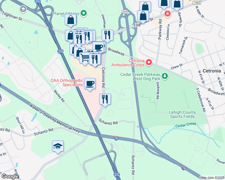 map of restaurants, bars, coffee shops, grocery stores, and more near 391 Cetronia Road in Allentown