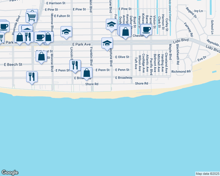 map of restaurants, bars, coffee shops, grocery stores, and more near 25 Neptune Boulevard in Long Beach