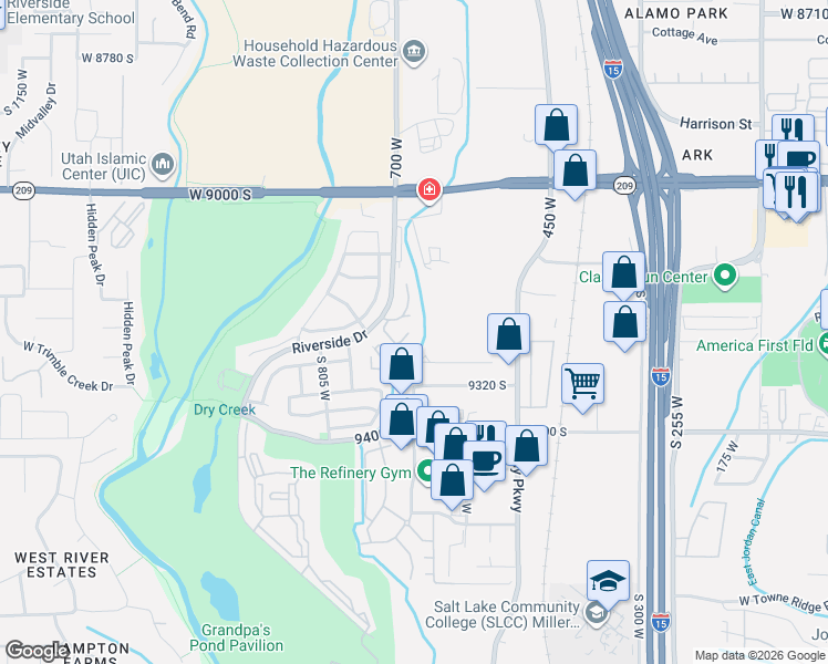 map of restaurants, bars, coffee shops, grocery stores, and more near 9215 South Jefferson Cove in Sandy