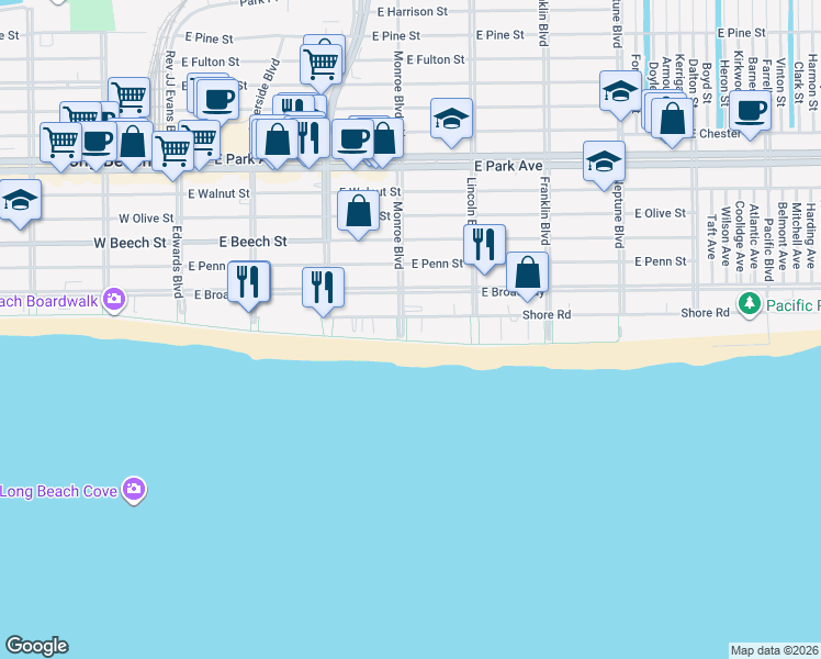 map of restaurants, bars, coffee shops, grocery stores, and more near 10 Monroe Boulevard in Long Beach