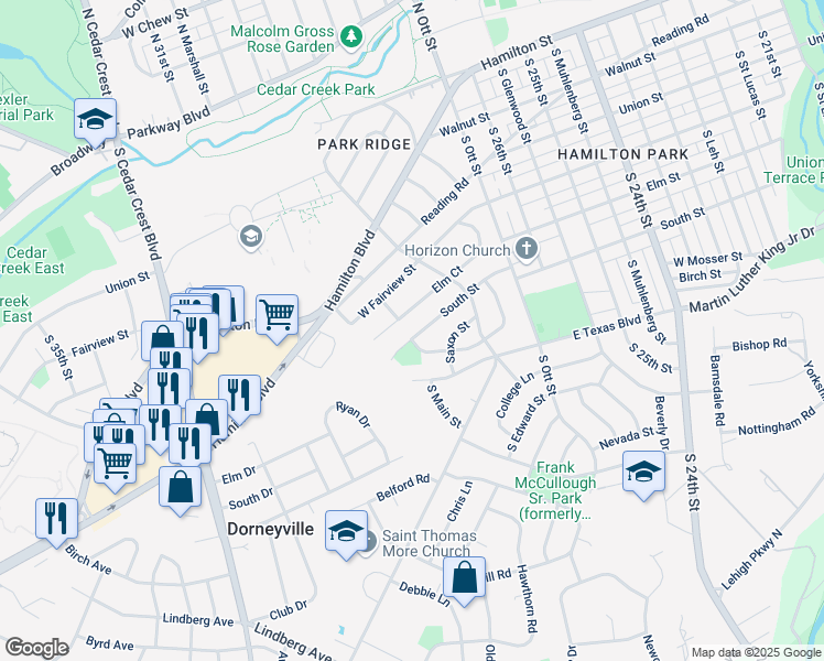 map of restaurants, bars, coffee shops, grocery stores, and more near 2825 South Street in Allentown