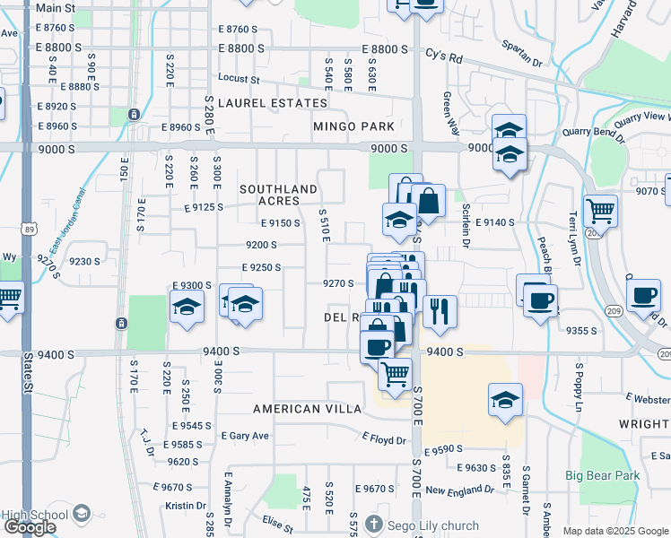 map of restaurants, bars, coffee shops, grocery stores, and more near 528 East Rose Bowl Court in Sandy