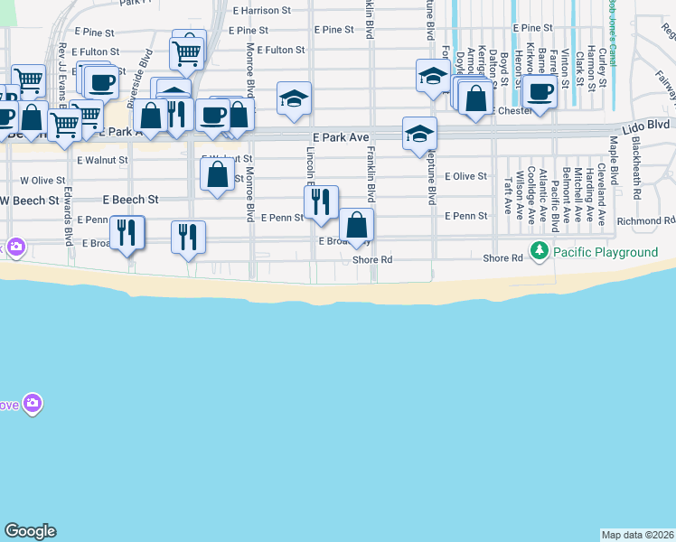 map of restaurants, bars, coffee shops, grocery stores, and more near 420s Shore Road in Long Beach
