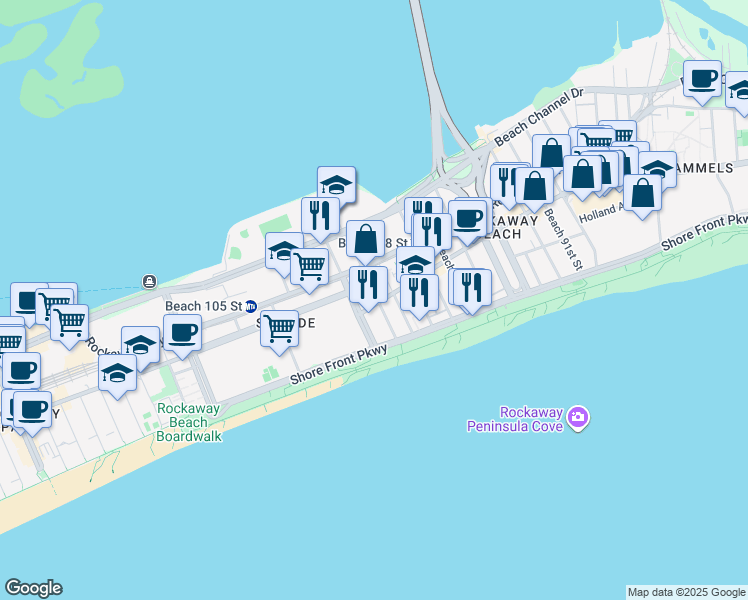 map of restaurants, bars, coffee shops, grocery stores, and more near 101-04 Rockaway Beach Boulevard in Queens