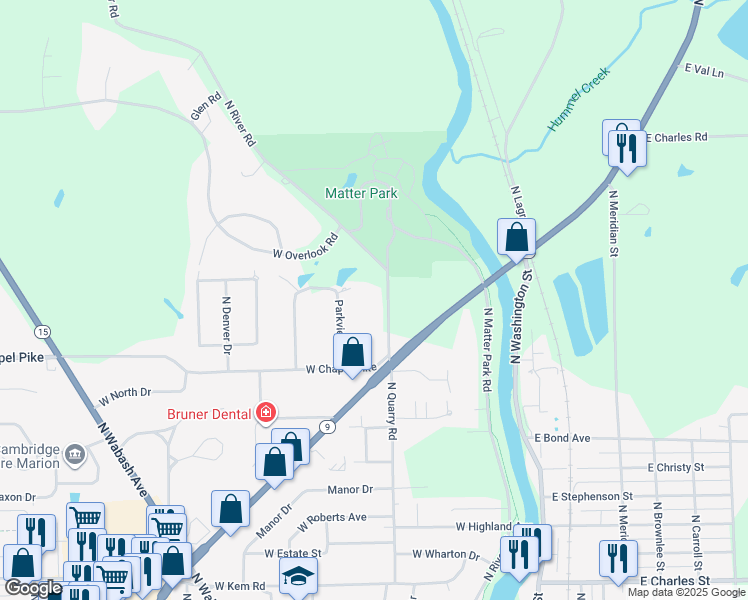 map of restaurants, bars, coffee shops, grocery stores, and more near 1713 North Quarry Road in Marion