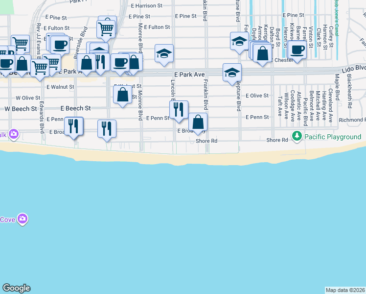 map of restaurants, bars, coffee shops, grocery stores, and more near 420s Shore Road in Long Beach