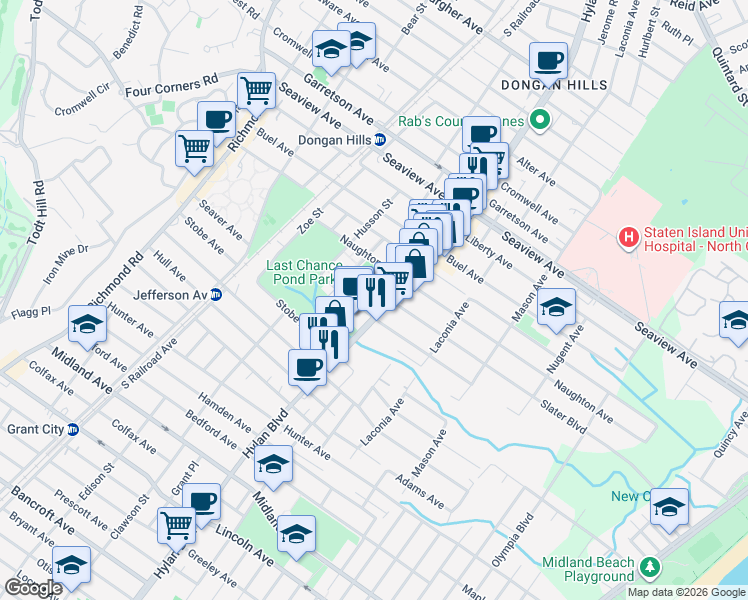 map of restaurants, bars, coffee shops, grocery stores, and more near 1885 Hylan Boulevard in Staten Island