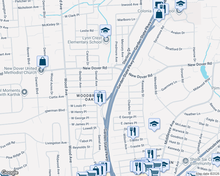 map of restaurants, bars, coffee shops, grocery stores, and more near 120 West Warren Street in Woodbridge Township
