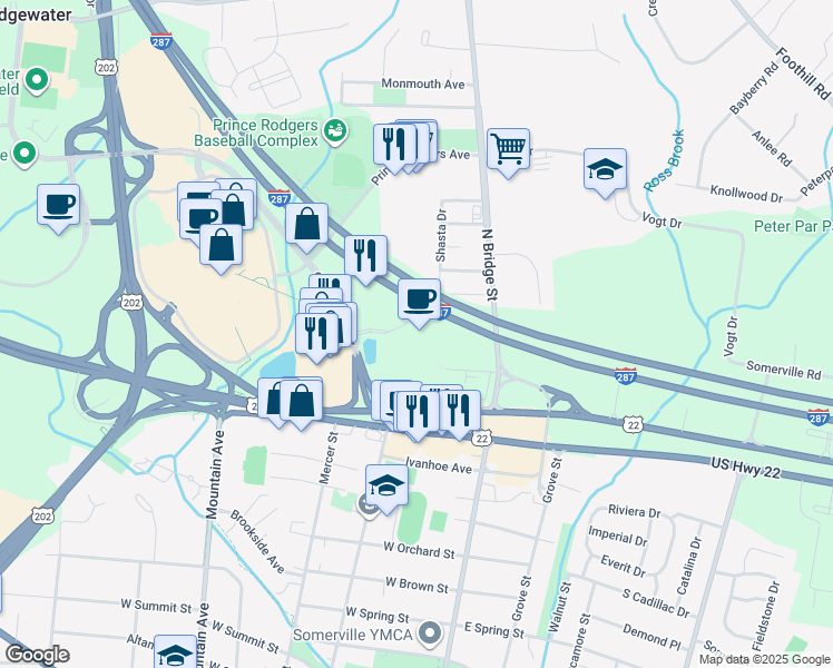 map of restaurants, bars, coffee shops, grocery stores, and more near 400 Crossing Boulevard in Bridgewater