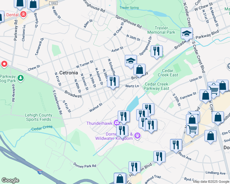 map of restaurants, bars, coffee shops, grocery stores, and more near 25 South 38th Street in Allentown