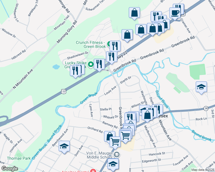 map of restaurants, bars, coffee shops, grocery stores, and more near 14 Weiss Drive in Middlesex