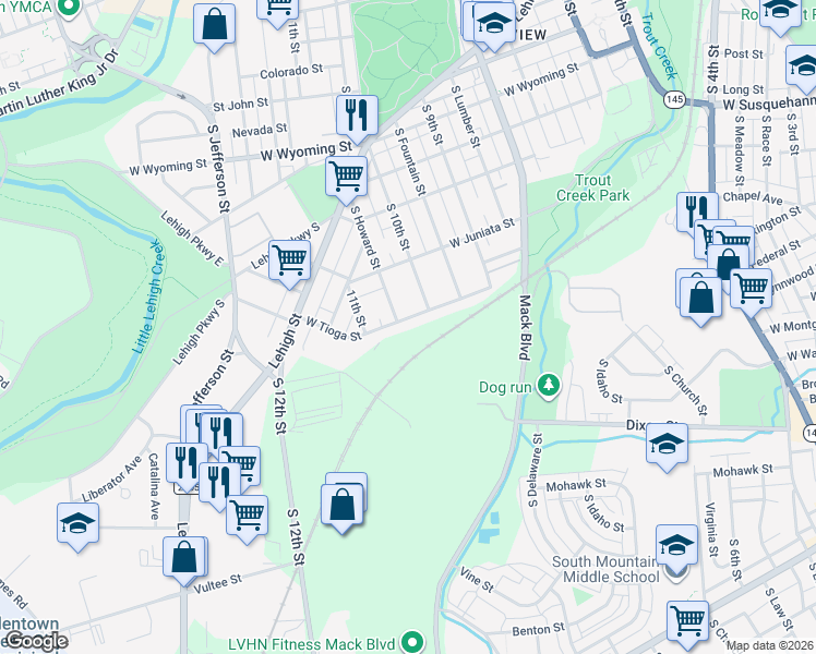 map of restaurants, bars, coffee shops, grocery stores, and more near 1344 South Howard Street in Allentown