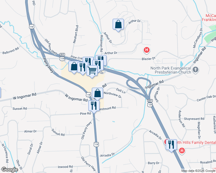 map of restaurants, bars, coffee shops, grocery stores, and more near 273 Ingomar Road in Wexford