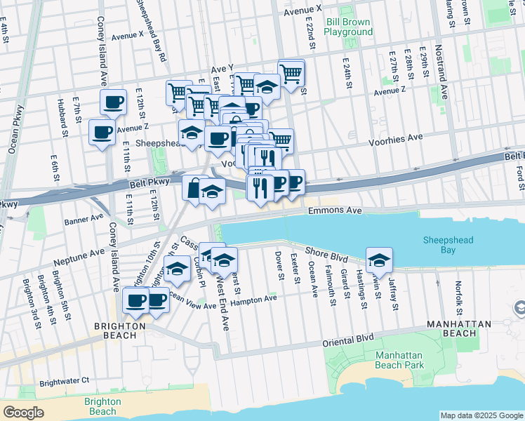 map of restaurants, bars, coffee shops, grocery stores, and more near 1725 Emmons Avenue in Brooklyn