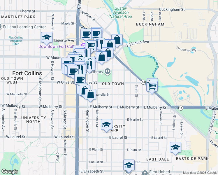 map of restaurants, bars, coffee shops, grocery stores, and more near in Fort Collins