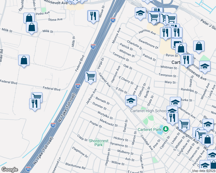 map of restaurants, bars, coffee shops, grocery stores, and more near 381 Carteret Avenue in Carteret