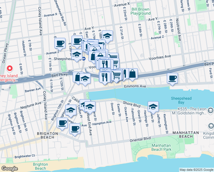 map of restaurants, bars, coffee shops, grocery stores, and more near 1725 Emmons Avenue in Brooklyn