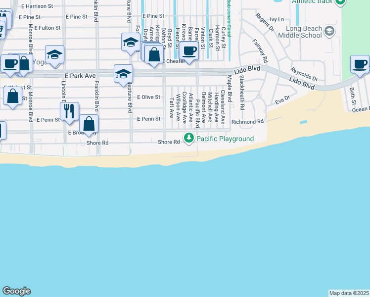 map of restaurants, bars, coffee shops, grocery stores, and more near 770 Shore Road in Long Beach
