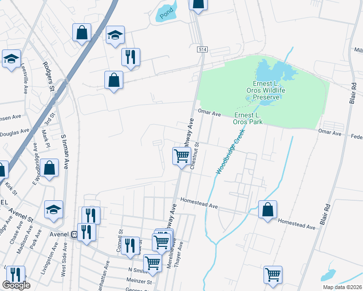 map of restaurants, bars, coffee shops, grocery stores, and more near 1233 Rahway Avenue in Woodbridge Township