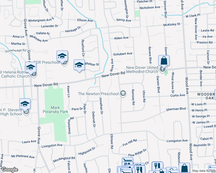 map of restaurants, bars, coffee shops, grocery stores, and more near 83 Ellmyer Road in Edison