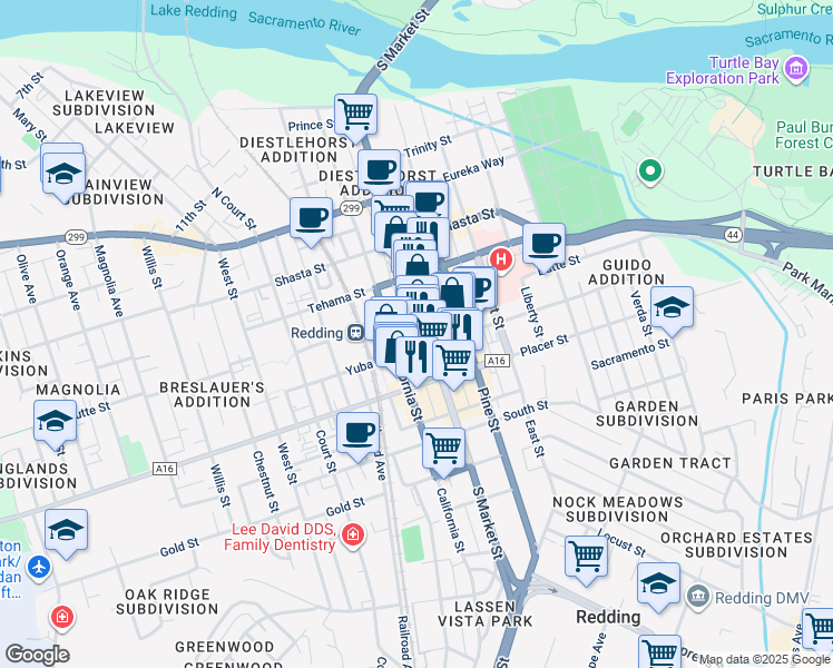 map of restaurants, bars, coffee shops, grocery stores, and more near in Redding