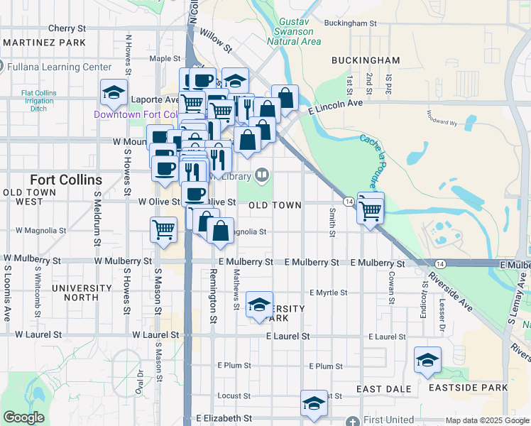map of restaurants, bars, coffee shops, grocery stores, and more near 306 Peterson Street in Fort Collins